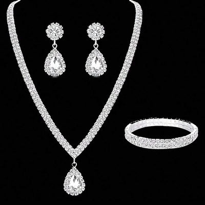 4 Pieces Luxurious Jewelry Set Exquisite Rhinestone Pendant Elegant Women's Crystal Silver Plated Necklace Earrings Bracelet Set