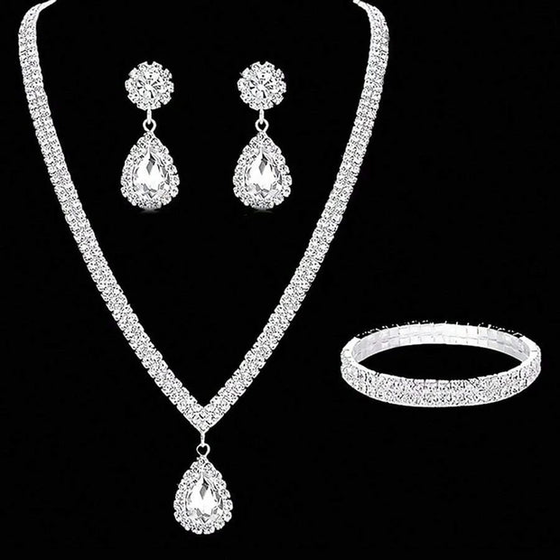 4 Pieces Luxurious Jewelry Set Exquisite Rhinestone Pendant Elegant Women's Crystal Silver Plated Necklace Earrings Bracelet Set