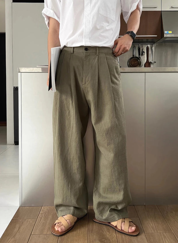 Men's Casual Linen Work Pants Loose Wide Leg Double Pleat Cotton Linen Western Trousers Trendy Long Pants Youth Vitali Sle
