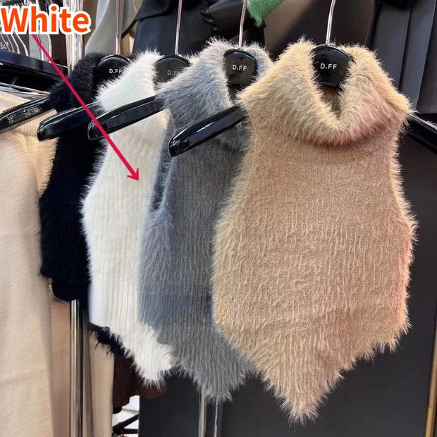 Sweet Crop Knitwear Tanks Tops Women Autumn Winter Turtleneck Furry Backless Hot Female Sexy Design Stylish Party Clubwear New