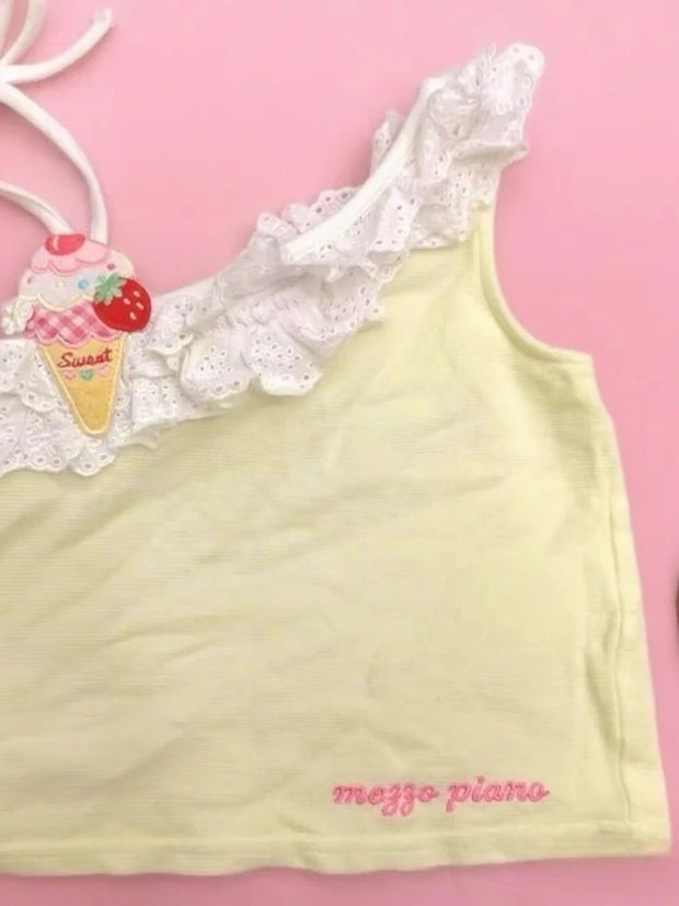 Yellow Crop Tops Women Summer Cute Bows Decoration Two Layers of Lace Trim Lolita Style Cropped for Sweet Girls Kawaii Clothes