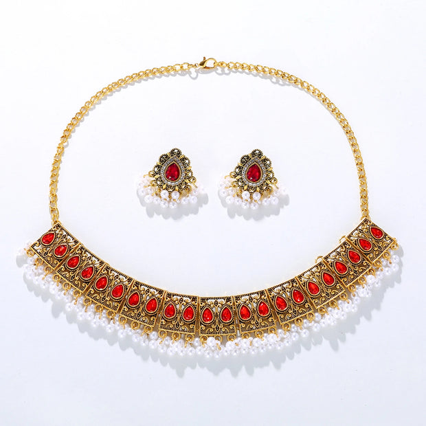 Luxury Vintage Indian Jewelry Set Antique Gold Plated Crystal Zircon Necklace Earrings Sets Ethnic Bridal Wedding Bijoux Gifts