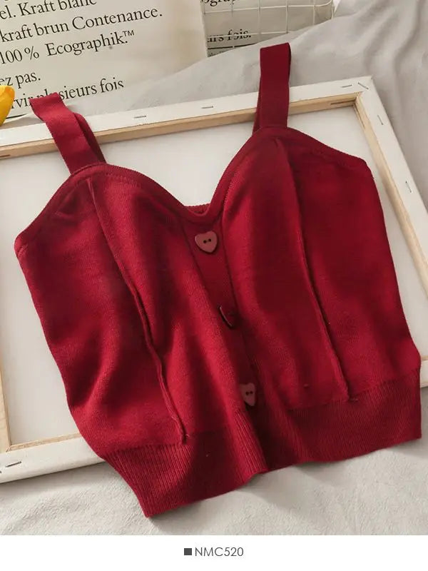 Heliar Women Knitted Crop Tops Y2K Cute Button Up V-Neck Sleeveless Straps Tops Sexy Crop Tops For Women 2025 Summer