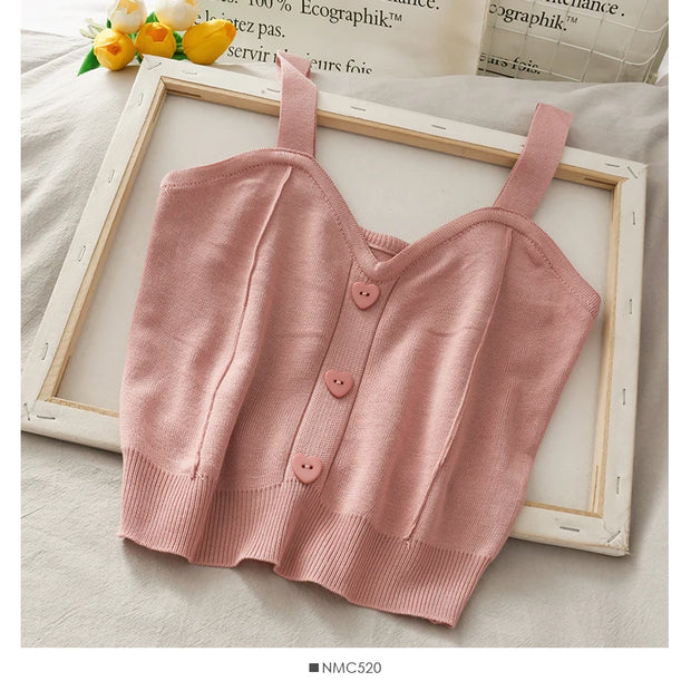 Heliar Women Knitted Crop Tops Y2K Cute Button Up V-Neck Sleeveless Straps Tops Sexy Crop Tops For Women 2025 Summer