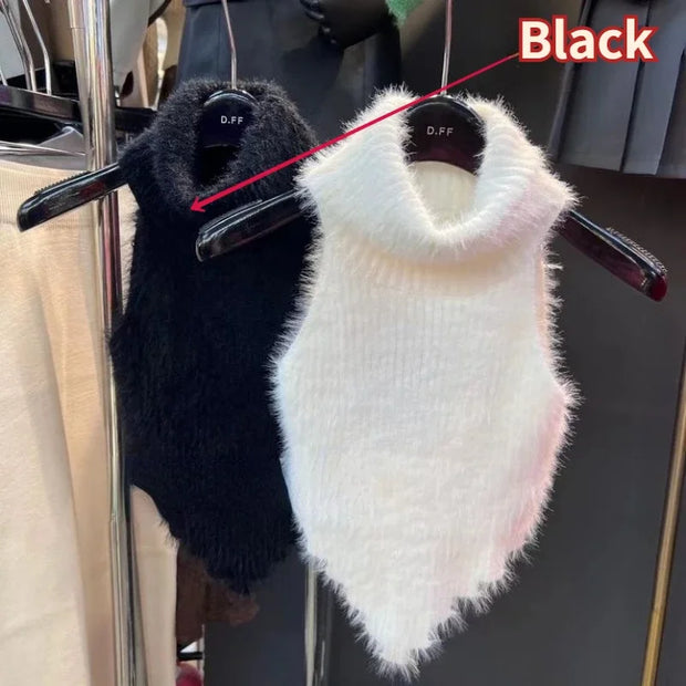 Sweet Crop Knitwear Tanks Tops Women Autumn Winter Turtleneck Furry Backless Hot Female Sexy Design Stylish Party Clubwear New