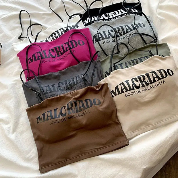 Sexy Crop Tops Women Summer Shirring Sleeveless Slim Camis Tops Bodycon with Chest Pad letter Fashion Casual Soft Tops Female