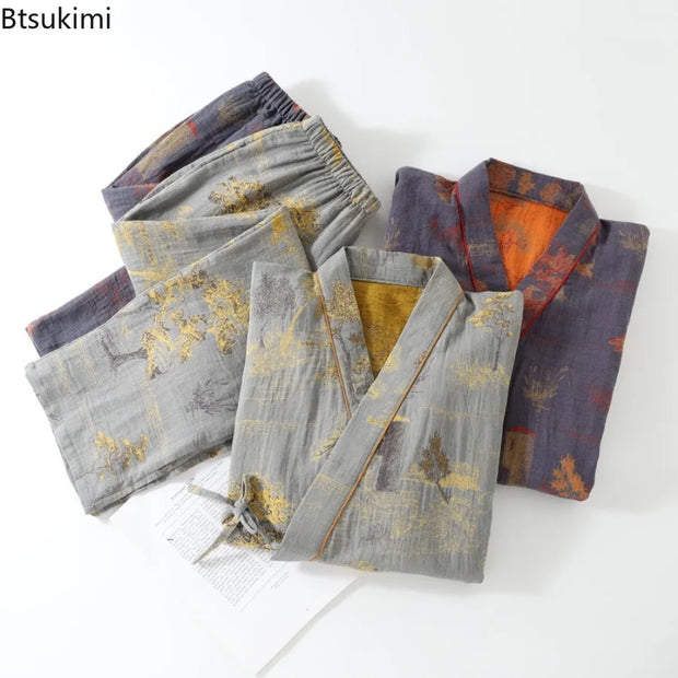 Men's Roomwear Cotton Kimono Pajamas Robes for Spring Jacquard Printed Home Clothing Medium Length Oversized Breathable Bathrobe