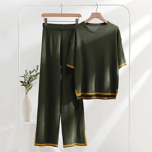 Loungewear Summer Knit Pajama Sets Women Slit Knitted Two Piece Set Women Casual Short Sleeve Knitted Two Piece Sets Women 2024
