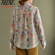 Women's Clothing Shirts Blouse Camisas Women Shirts Vintage Blusa Mujer Cotton Linen Casual Print Long Sleeve Flower Autumn