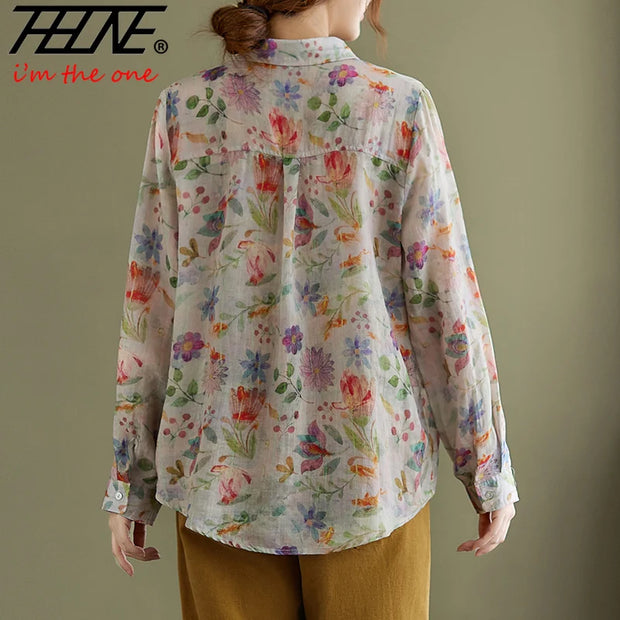 Women's Clothing Shirts Blouse Camisas Women Shirts Vintage Blusa Mujer Cotton Linen Casual Print Long Sleeve Flower Autumn