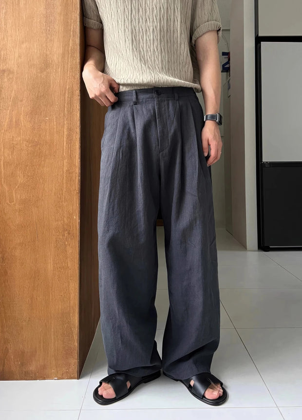 Men's Casual Linen Work Pants Loose Wide Leg Double Pleat Cotton Linen Western Trousers Trendy Long Pants Youth Vitali Sle