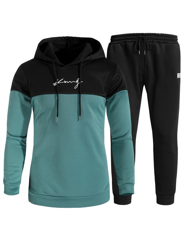 2Pcs Men's Color Block Casual Hoodies Long Sleeve Pullover Hooded Sweatshirt And Drawstring Sweatpants Joggers Set For Spring Fall