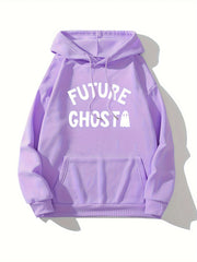 Cute Ghost & Letter Print Hoodie, Versatile Drawstring Kangaroo Pocket Hoodies Sweatshirt, Women's Clothing