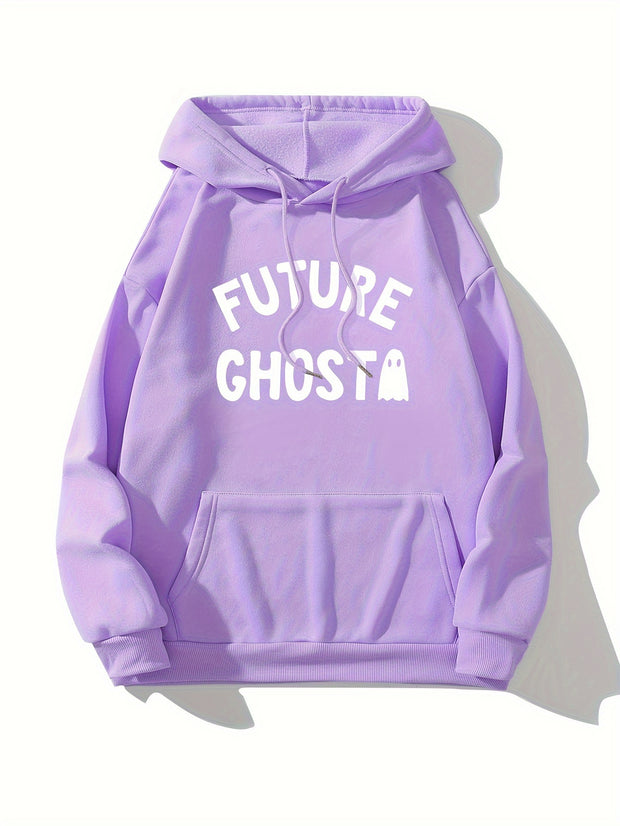 Cute Ghost & Letter Print Hoodie, Versatile Drawstring Kangaroo Pocket Hoodies Sweatshirt, Women's Clothing