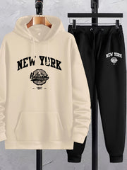 2Pcs New York Print Casual Outfit - Soft Hoodies Long Sleeve Pullover Hooded Sweatshirt and Drawstring Sweatpants Joggers Set for Spring Fall - Men's Comfortable Clothing for Daily Wear