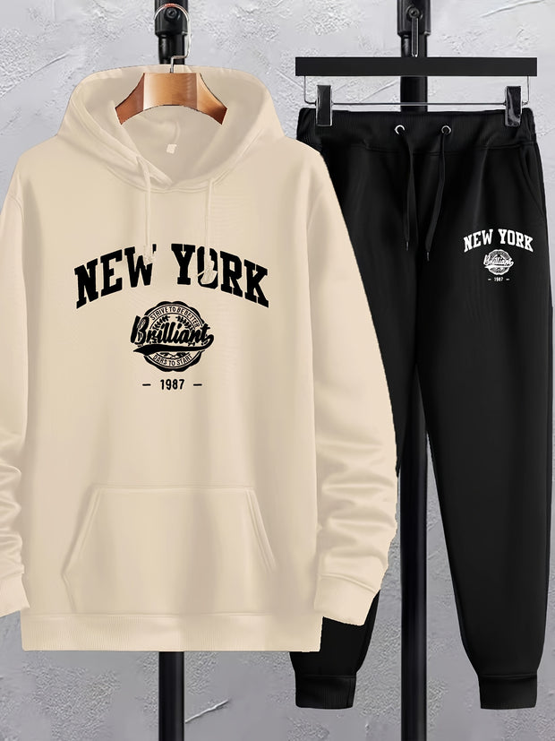 2Pcs New York Print Casual Outfit - Soft Hoodies Long Sleeve Pullover Hooded Sweatshirt and Drawstring Sweatpants Joggers Set for Spring Fall - Men's Comfortable Clothing for Daily Wear