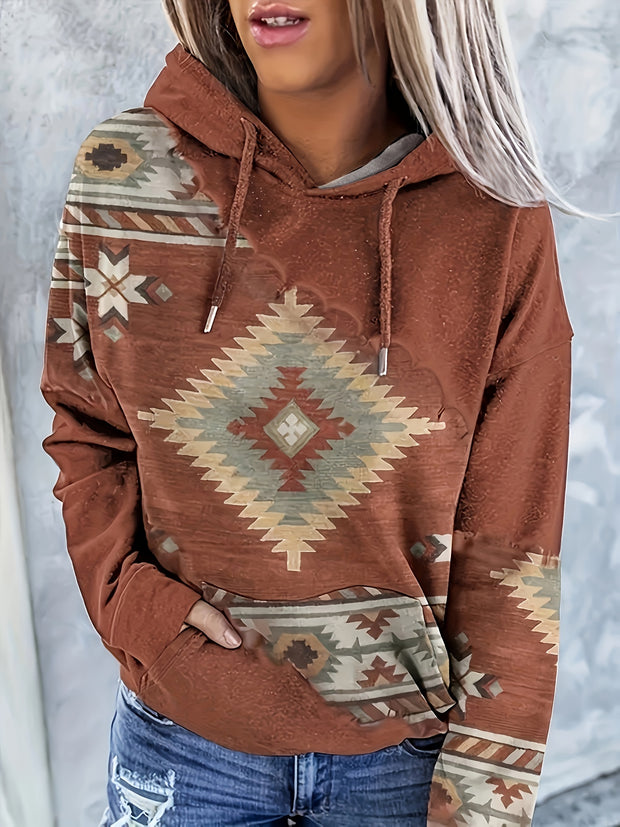Aztec Print Kangaroo Pocket Hoodie, Casual Long Sleeve Drawstring Hoodies Sweatshirt, Women's Clothing