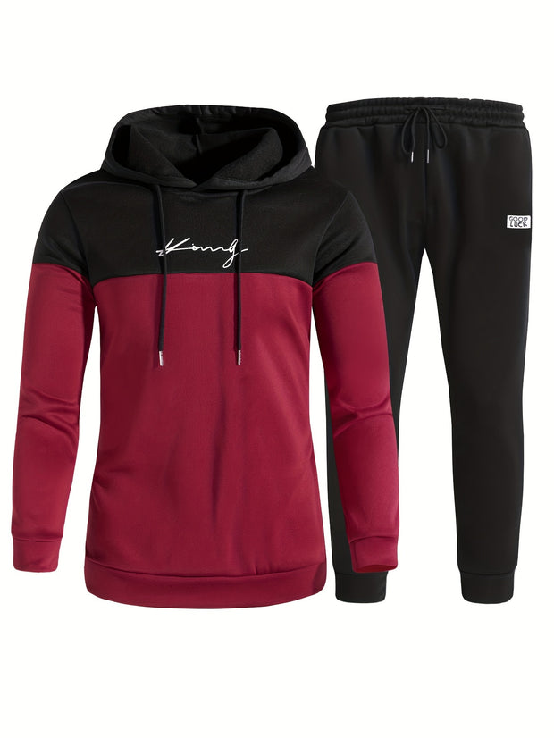 2Pcs Men's Color Block Casual Hoodies Long Sleeve Pullover Hooded Sweatshirt And Drawstring Sweatpants Joggers Set For Spring Fall