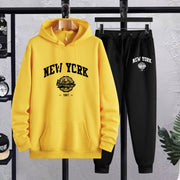 2Pcs New York Print Casual Outfit - Soft Hoodies Long Sleeve Pullover Hooded Sweatshirt and Drawstring Sweatpants Joggers Set for Spring Fall - Men's Comfortable Clothing for Daily Wear