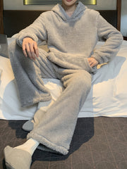 Long Sleeve Warm Flannel Men's Simple Style Solid Casual Pajamas Sets, Hoodies Pullover Top & Loose Pants