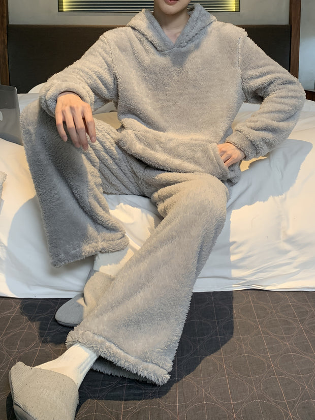 Long Sleeve Warm Flannel Men's Simple Style Solid Casual Pajamas Sets, Hoodies Pullover Top & Loose Pants