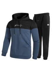 2Pcs Men's Color Block Casual Hoodies Long Sleeve Pullover Hooded Sweatshirt And Drawstring Sweatpants Joggers Set For Spring Fall