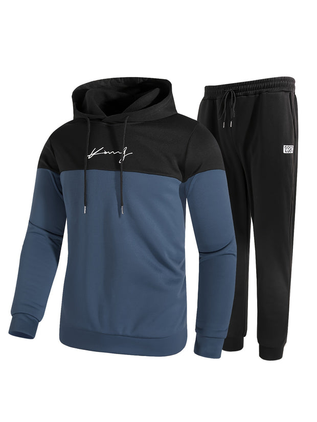 2Pcs Men's Color Block Casual Hoodies Long Sleeve Pullover Hooded Sweatshirt And Drawstring Sweatpants Joggers Set For Spring Fall