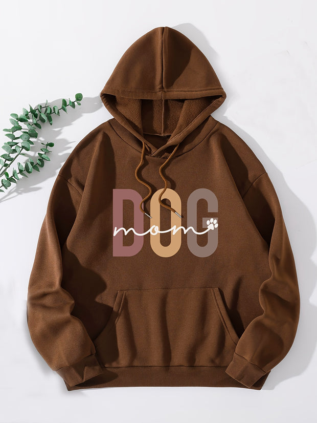 Dog Mom Print Hoodie, Casual Kangaroo Pocket Drawstring Hoodies Sweatshirt, Women's Clothing