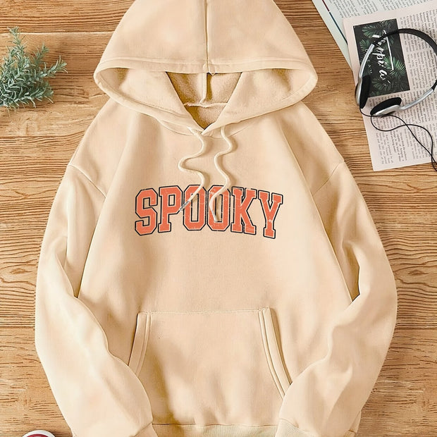 Halloween Spooky Letter Print Hoodie, Cute Drawstring Kangaroo Pocket Hoodies Sweatshirt, Women's Clothing