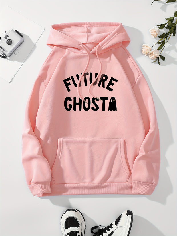 Cute Ghost & Letter Print Hoodie, Versatile Drawstring Kangaroo Pocket Hoodies Sweatshirt, Women's Clothing