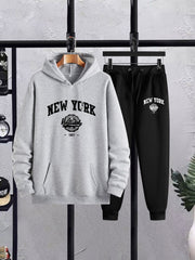 2Pcs New York Print Casual Outfit - Soft Hoodies Long Sleeve Pullover Hooded Sweatshirt and Drawstring Sweatpants Joggers Set for Spring Fall - Men's Comfortable Clothing for Daily Wear