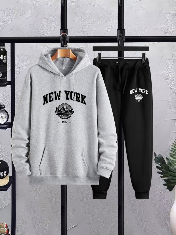 2Pcs New York Print Casual Outfit - Soft Hoodies Long Sleeve Pullover Hooded Sweatshirt and Drawstring Sweatpants Joggers Set for Spring Fall - Men's Comfortable Clothing for Daily Wear