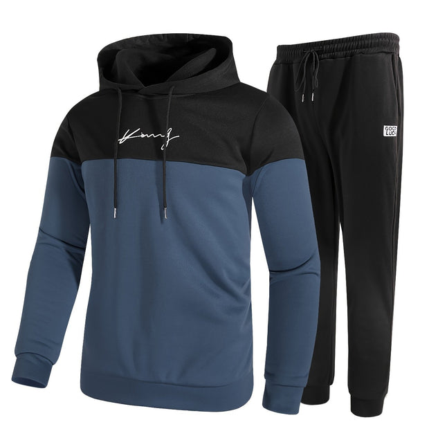 2Pcs Men's Color Block Casual Hoodies Long Sleeve Pullover Hooded Sweatshirt And Drawstring Sweatpants Joggers Set For Spring Fall