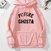 Cute Ghost & Letter Print Hoodie, Versatile Drawstring Kangaroo Pocket Hoodies Sweatshirt, Women's Clothing