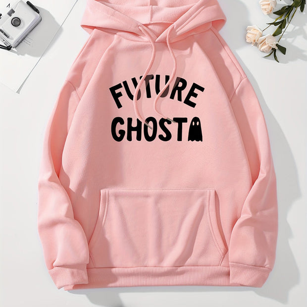 Cute Ghost & Letter Print Hoodie, Versatile Drawstring Kangaroo Pocket Hoodies Sweatshirt, Women's Clothing
