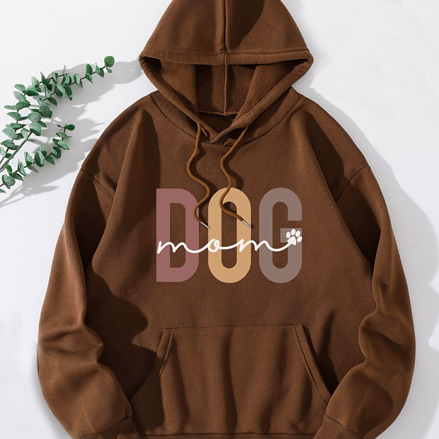 Dog Mom Print Hoodie, Casual Kangaroo Pocket Drawstring Hoodies Sweatshirt, Women's Clothing