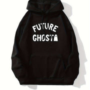 Cute Ghost & Letter Print Hoodie, Versatile Drawstring Kangaroo Pocket Hoodies Sweatshirt, Women's Clothing