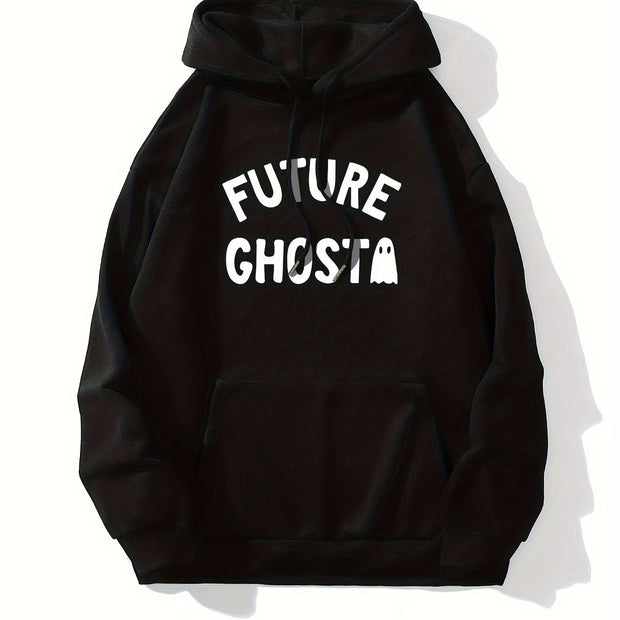 Cute Ghost & Letter Print Hoodie, Versatile Drawstring Kangaroo Pocket Hoodies Sweatshirt, Women's Clothing