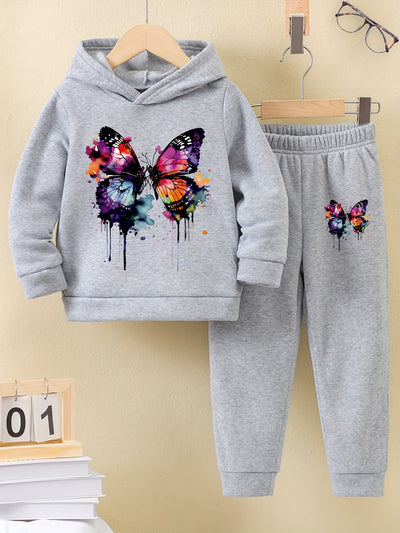 2pcs Butterfly Graphic Tie Dye Hoodies + Elastic Waist Jogger Pants Set for Girls Outdoor Sports