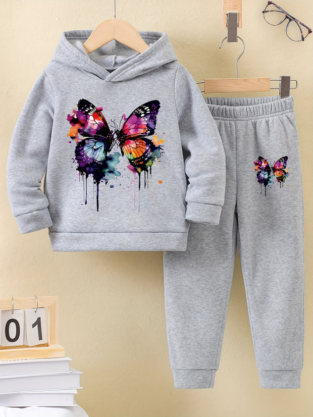2pcs Butterfly Graphic Tie Dye Hoodies + Elastic Waist Jogger Pants Set for Girls Outdoor Sports