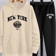 2Pcs New York Print Casual Outfit - Soft Hoodies Long Sleeve Pullover Hooded Sweatshirt and Drawstring Sweatpants Joggers Set for Spring Fall - Men's Comfortable Clothing for Daily Wear