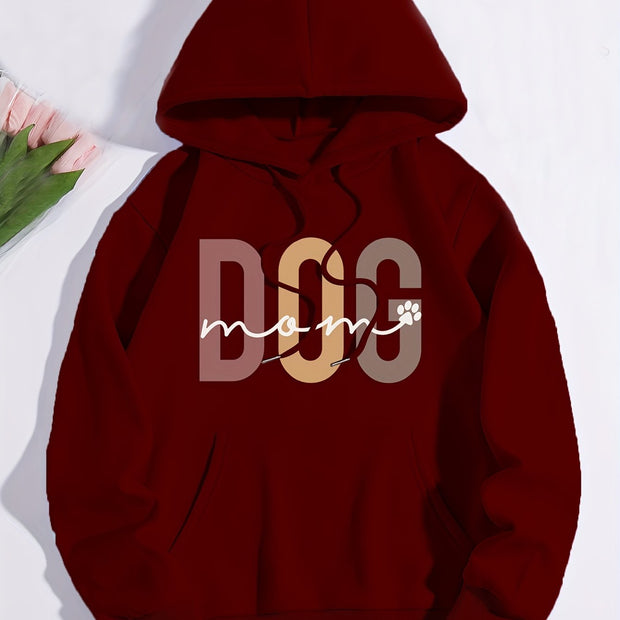 Dog Mom Print Hoodie, Casual Kangaroo Pocket Drawstring Hoodies Sweatshirt, Women's Clothing
