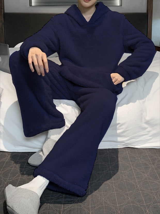 Long Sleeve Warm Flannel Men's Simple Style Solid Casual Pajamas Sets, Hoodies Pullover Top & Loose Pants