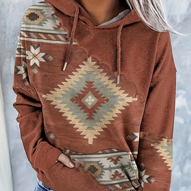 Aztec Print Kangaroo Pocket Hoodie, Casual Long Sleeve Drawstring Hoodies Sweatshirt, Women's Clothing