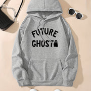 Cute Ghost & Letter Print Hoodie, Versatile Drawstring Kangaroo Pocket Hoodies Sweatshirt, Women's Clothing