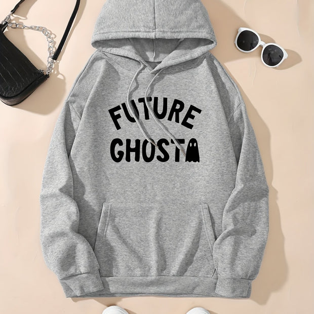 Cute Ghost & Letter Print Hoodie, Versatile Drawstring Kangaroo Pocket Hoodies Sweatshirt, Women's Clothing